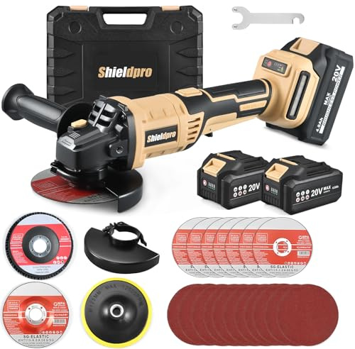 Shieldpro Cordless Angle Grinder 4-1/2 inch,3 Variable Speeds Grinder with Rotating head,2×20V 4.0Ah Batteries，Grinder Tool For Metal Cutting, Grinding, Polishing, Rust Removal