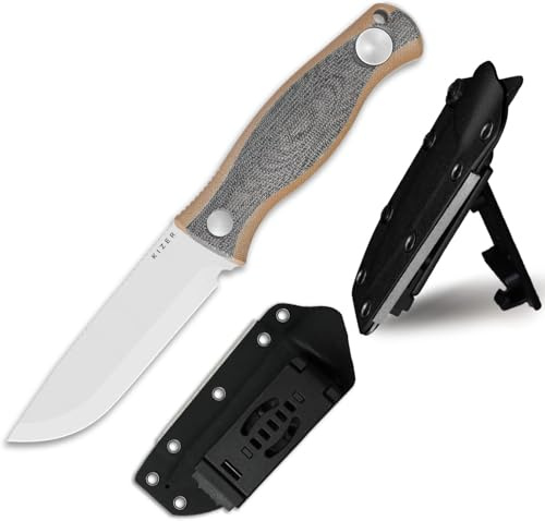 Kizer Polaris Couteau à Lame Fixe, Couteau de Camping en Acier AEB-L à Soie Entière de 4,23 avec Manche en Micarta et G10, Couteaux de Survie en Plein Air avec Étui Réglable et Aiguiseur, 1100A1