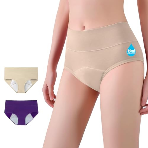HMYD Women's Incontinence Underwear Ladies Leakproof Protective Period Pants Menstrual Knickers Urine Postpartum Recovery Washable Reusable Cotton Briefs(Purple/Beige) (3XL)