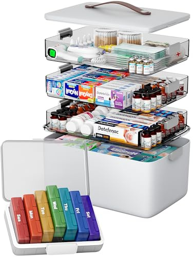 CTIME 4-lagige XXL-Medikamentenbox (Set) – Tragbarer Organizer mit Ledergriff, leerer Aufbewahrungskoffer für Haushalt, Hobby, Nähzubehör & Bastelbedarf