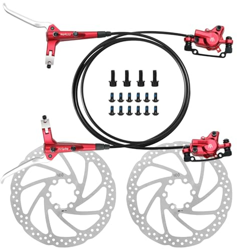 2-Pistons MTB Disc Brake Set Hydraulic Disc Brake Kit with 160mm Rotors Left front 850mm,Right rear 1550mm Aluminum Alloy Hydraulic Brake Fit for Mountain Bike Fat Bike (Red)