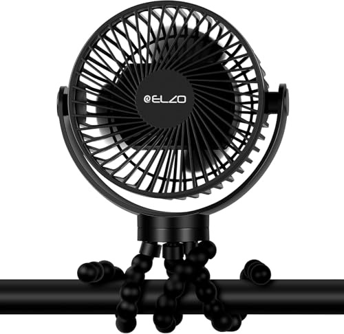 ELZO Ventilador portátil con clip para cochecito, 12000 mAh max 60 h, accesorios de refrigeración para cochecitos (negro)