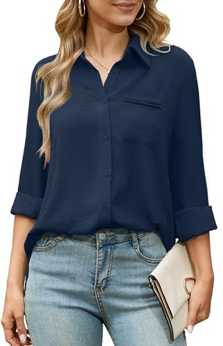 Odosalii Ladies Blouses Button Down Navy Shirt Blue Casual Office Clothes
