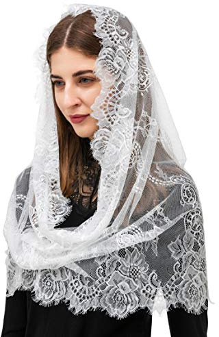 PAMOR Spanish Style Lace Traditional Vintage Inspired Infinity Shape Mantilla Veil Latin Mass Head Covering (White)