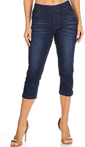 Jvini Women's Capris Jeans Skinny Pull-On Denim Capri Crop Jeggings Dark Blue DenimSize Large