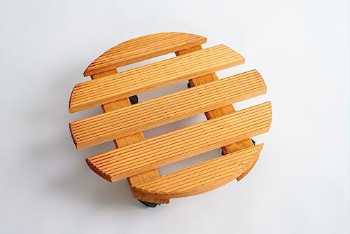 RADO WOOD Wooden Plant Pot Caddy - 30cm Round - Rustic style - Grooved Surface - Garden Plant Pot Trolley - Stand Mover Dolly on Wheels - Indoor & Outdoor – Light Brown
