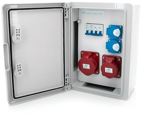 ELS Elektrotechnika Baustromverteiler Wandverteiler mit Schuko Steckdosen 2x230V + 1x LS B16 & 1x CEE 16A + LS B16 und 1x CEE 32A (nicht abgesichert) im ABS Schrank IP65, für Indoor/Outdoor-Bereich