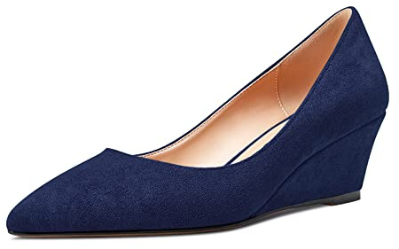 Aachcol Femmes Compensé Escarpins Mi Talon Heel Pointu Bout Slip-on Dress Chaussures Mariage Party 5 CM Bleu Marin Suède 42 EU