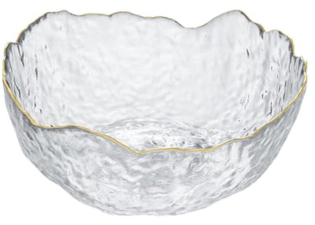 KMYC Glass Salad Bowl, Irregular Shape with Gold Rim, Large Serving and Mixing Bowl for Fruit, Dessert, Cereal, Pasta, Popcorn (1pc Bigger)