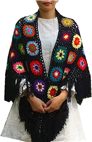 Scialle fatto a mano all'uncinetto, poncho frangiato fatto a mano scialli del mantello avvolge la nonna quadrata donna cappotto maglione, Nero , Etichettalia unica