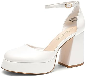 DREAM PAIRS Scarpe da Donna con Tacco a Blocco, Plateau, Tacco Alto, Cinturino alla Caviglia, Eleganti, da Sposa e Festa,Size 38,Bianco-Pu,SDPU2372W