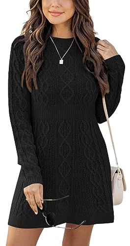 Ebifin Robe en tricot pour femmes, col rond, tricot pull-over, robe élégante, tunique, pull-robe, robe d'hiver, sweat A-ligne, mini robe., Noir , L