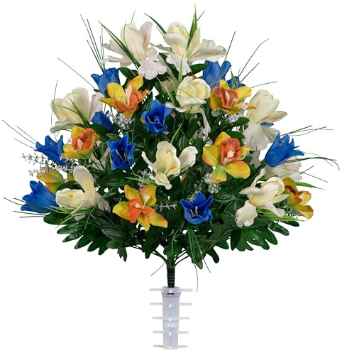 Sympathy Silks Artificial Cemetery Flowers - Blue Tulips and Cream Iris (1) Bouquet