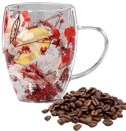 Bicchieri a doppia parete, 350 ml, a doppia parete, con fiori, in vetro, per caffè, tè, fiori secchi, trasparenti, con manico, per cappuccino, latte, tè