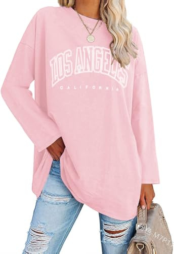 Ebifin oversize långärmad tröja dam lång tröja rund hals Los Angeles topp långärmad t-tröjor tröjor basic tunika tetoppar.