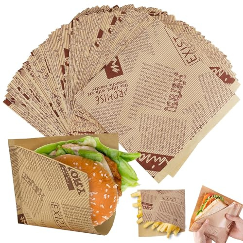 150 stycken hamburgarpapper, smörgåspapper, pommepåsar, delipappersblad, bakpapper, tidningsoptik, smörgåspåsar, pommes papper för korg, hamburgarpåsar, för hamburgare, mellanmål, pommes frites