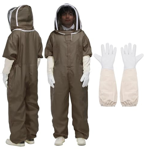 sourcing map Bee Suit for Men Women l Beekeeping Suit Outfit with Gloves and Veil Hood (Jacket, Pants, Gloves) Bee Suits for Adult Backyard Professional and Beginner Bee Keeper, Coffee