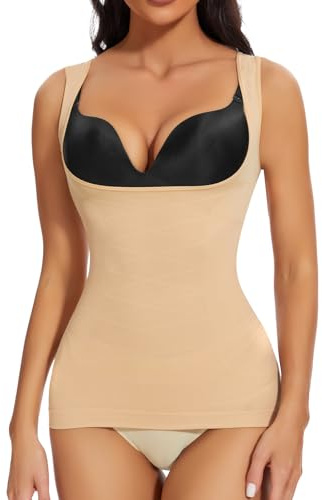 Joyshaper Women Tummy Control Vest Top Open Bust Slimming Tank Top Waist Trainer Compression Camisole Push Up Body Shaper, Beige, M