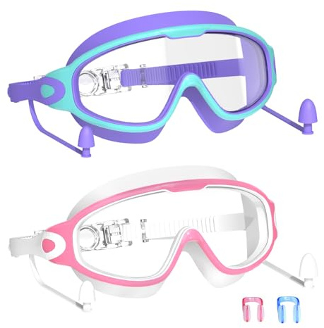 YLKJSWIM Swim Goggles for Kids 3-15 with Earplugs Large Frame Anti-Fog/UV Swimming Goggles for Boys Girls Toddler 2PCS (White Pink& Blue Purple New)