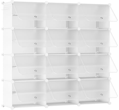 HOOBRO Mueble Zapatero, 12 Compartimentos, Modular Zapatero, Estantería de Plástico, con Puerta, Compartimento 40 x 30 x 30 cm, para Salón, Pasillo, Entrada, Dormitorio, Blanco EWW38SC01