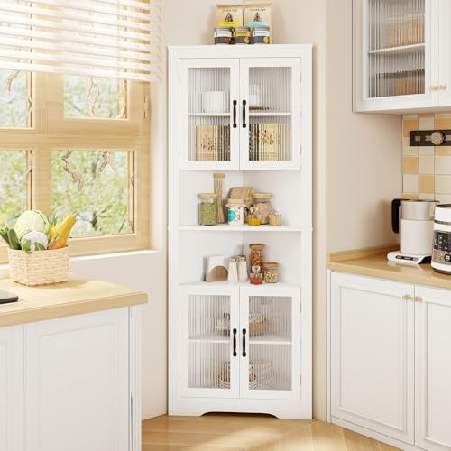 TANGZON Corner Cabinet, 171cm Tall Storage Cabinet with 4 Glass Doors, 2 Open Shelves, 2 Adjustable Shelves & Anti-Tipping Device, Space Saving Wooden Sideboard Shelving Unit for Home Kitchen