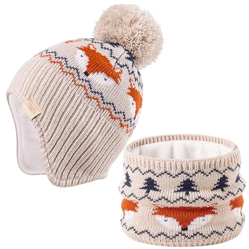 Beanie Knit Hats for Toddlers with Earflap Fleece Lined Hat Kids Warm Winter Hat Scarf Set Children's Thick Ski Cap Fox