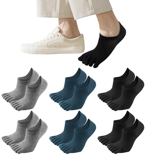 Soleeya 6 Pares Calcetines Invisibles Hombre Mujer Algodon Talla 38-43, Calcetines Cortos de Cinco Dedos Tobilleros Hombre Deporte Verano de Corte Bajo con Silicona Antideslizante (B)