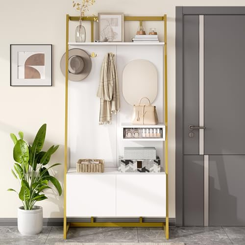 Ensemble de vestiaire Porte-Manteau Compact Minimaliste Moderne avec Armoire de Rangement Ouverte multifonctionnelle à Miroir, Crochets métalliques et Banc à Chaussures (White)