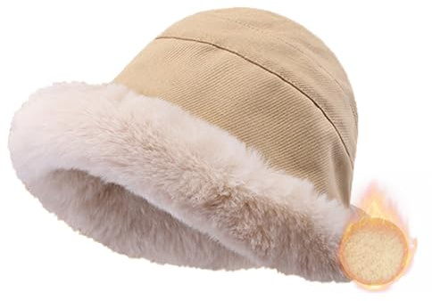 KASESSS Hiver Femme Bonnet de pêcheur en Peluche, Chapeau en Fausse Fourrure, Chapeau d'hiver pour Femmes Bordure à Poils Longs, Chapeaus de Seau en Fausse pour Sports de Plein Air Anti Froid, Beige