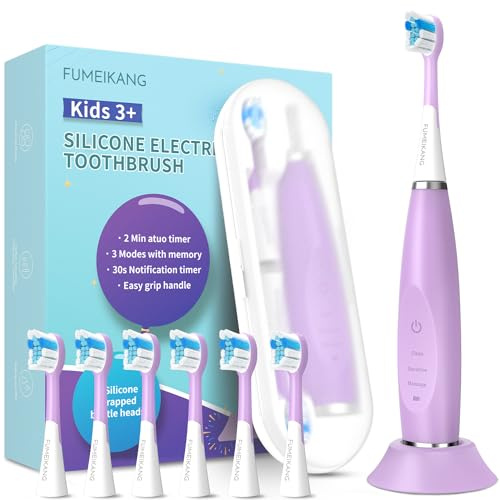 FUMEIKANG Brosse à dents électrique pour enfants de 3 à 12 ans - Minuteur électrique intelligent - 6 têtes de brosse à dents souples - Étanche - Pour filles et garçons (Purple)