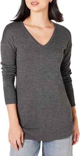 Amazon Essentials Women's Regular Fit Lightweight Long-Sleeved V-Neck Tunic Jumper (Available in Plus Size), Charcoal Heather, XXL