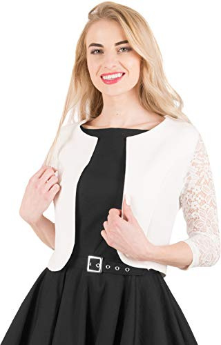 BlackButterfly Boléro Femme Manches Dentelle 3/4 Fleurie | Ouvert devant, À enfiler, Sans fermeture, Corps uni contrastant, Extensibilité moyenne, Tailles XS-5XL