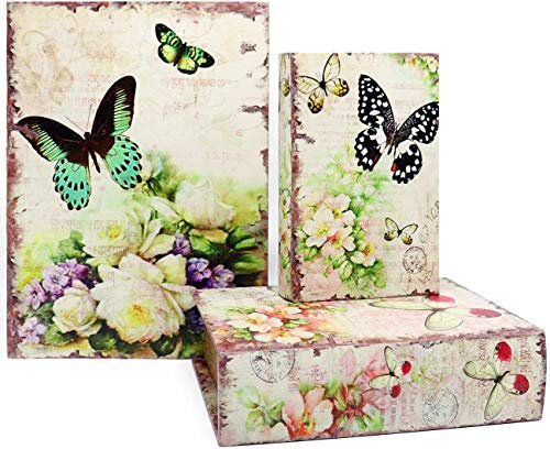 Jolitac Decorative Book Boxes, Antique Style, Magnetic Cover, Wooden storage box, Set of 3 (Butterfly)