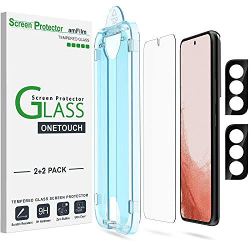 amFilm OneTouch Screen Protector for Samsung Galaxy S22 Plus 6.6 inch, Samsung Galaxy S22 + 6.6 inch, 9H Hardness with Camera Lens Protector, Bubble Free, Tempered Glass, 2 Pack