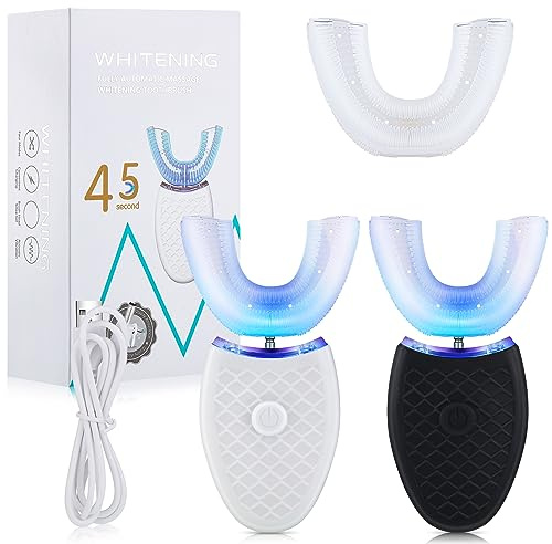Spazzolino elettrico ad ultrasuoni per adulti a forma di U per sbiancamento dei denti, 3 testine di spazzola, bocca intera a 360 gradi, ricaricabile IPX7 impermeabile (nero e bianco)