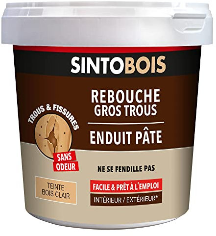 SINTOBOIS - Reboucher les gros trous - Mastic - Prêt à l'emploi - Poncer et peindre - Intérieur et extérieur - S'utilise comme un mastic - Ne se fissure pas - Technique professionnelle - 2 Kg