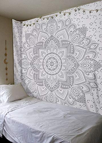 Bless International Indian Traditional Mandala Hippie Wall Hanging, Cotton Tapestry Ombre Bohemian Bedspread (Queen (84x90 Inches)(215x230 Cm), Grey/Silver Flower)