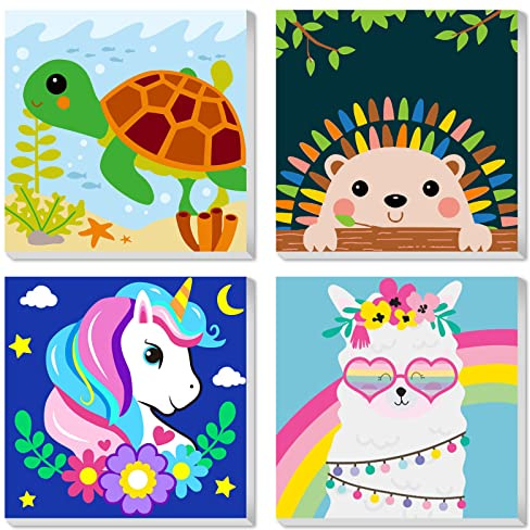 CarlonLin Framed 4 Pack Paint by Number for Kids, Paint by Numbers for Kids Ages 8-12, Paint by Numbers Kits Children Beginner, DIY Acrylic Oil Painting for Home Wall Decor (8x8inch)