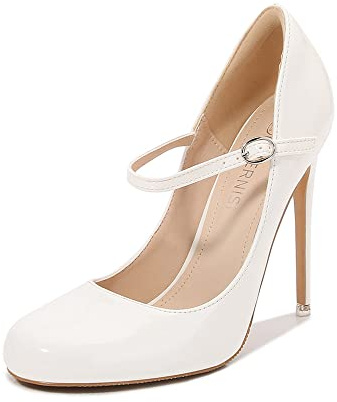 YGJKLIS Cinturino alla caviglia da donna con tacchi alti, testa rotonda, 12 cm, tacchi a spillo in pelle, slip on abito da sera, bianco, 46 EU