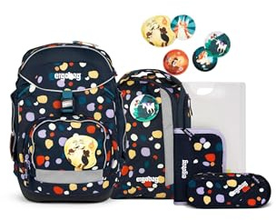 ergobag Pack Set Mochila Escolar ergonómica y Flexible, Set de 6 Piezas para Primaria, 1º Curso Mosaic Stone Bear - Azul Oscuro