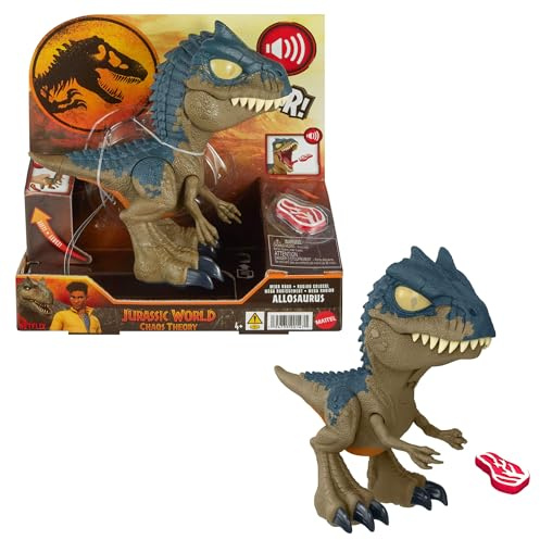 Mattel Jurassic World: Teoría del Dinocaos Netflix - Chomp Chomp Alosaurio Mega Rugido, Figura de acción de dinosaurio de juguete que emite sonidos y mandíbula se abre, +4 años, HVB45