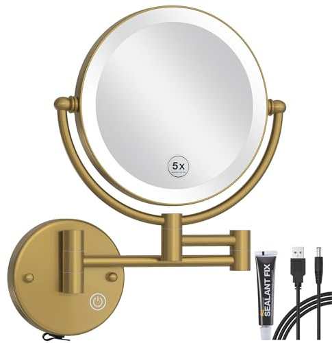 RECKODOR Espejo Maquillaje con Luz Recargable, Aumento 1X/5X Doble Cara Giratorio 360,Latón Espejo Baño Pared Extensible Táctil con USB, Brillo Regulable, para Hotel-Latón Moderno Cepillado, RECK10-M