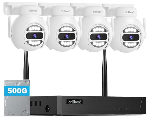 SriHome PTZ Kit Caméra de Surveillance WiFi, 8CH 16TB HDD NVR avec 4X5MP PTZ Caméra Et 500G de Disque Dur, Détection Mouvement,Audio 2 Voies,Alarme Son Lumieuse