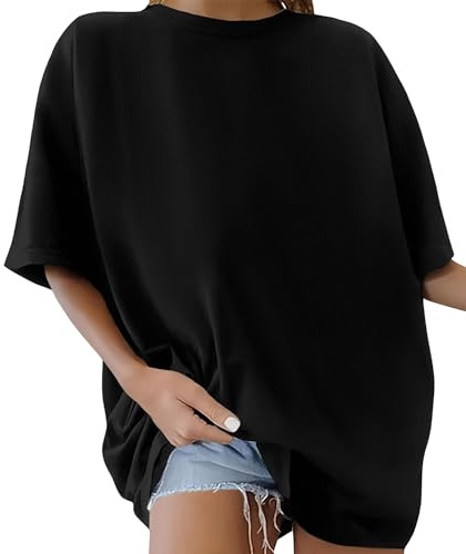 PASUDA T-Shirt Femme à Manches Courtes Tee Shirt Vintage Oversize Coton Col Rond Grande Taille Haut Été de Sport Casual Tops Tunique Chic Coupe Ample Solid Color (Noir, S)