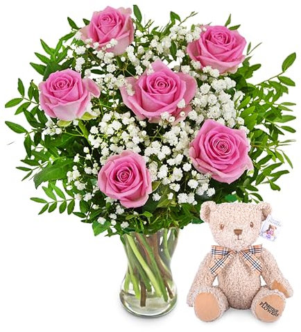 Preciosas flores Rosas con Oso - Ramo de Flores – Regalo de Flores Frescas para Cumpleaños o Día de la Madre – Arreglo de Lujo con Entrega al Día Siguiente – Sorpresa Elegante para Ella