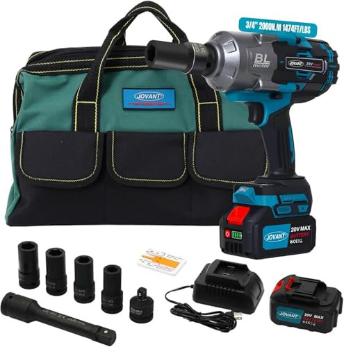 jovant Cordless Impact Wrench Kit, 20V MAX 3/4 Impact Gun, 1474Ft-lbs(2000N.m) Brushless Impact Wrenches, Power Wrench with 6-Mode Speed, 2x4.0Ah Batteries Cordless Impact Driver for Car/Mower