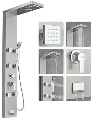 Ivanees Stainless Steel Shower Panel Tower System, Rainfall Waterfall Shower Head, Tub Spout & Handheld, Jet Massage Feature