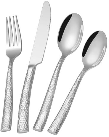 SHEUMNT Juego de cubiertos de acero inoxidable martillado plata, 24 piezas, resistente, para 6 personas, apto para uso alimentario, con espejo para restaurantes y hogares