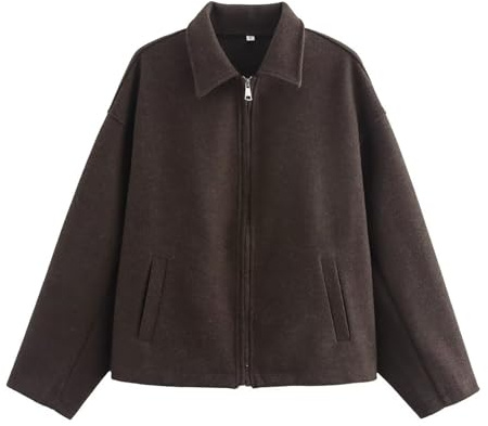 Veste courte en laine pour femme, manteau d'hiver chaud en polaire avec fermeture éclair, trench ouvert sur le devant avec poches, marron foncé, M