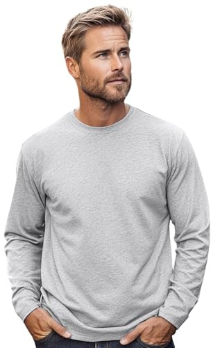 Men’s 100% Soft Organic Cotton Heather Grey Long Sleeve T-Shirt Crew Neck Casual Training Hiking Workout Athletic Tee (Heather Grey, L)
